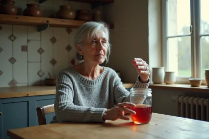 Femme d'âge mûr observant un bocal presque vide dans une cuisine rustique, illustrant le concept de s'amenuiser au quotidien