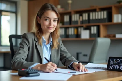 Jeune femme au bureau convertissant minutes en heures