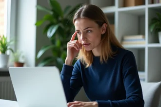 Femme au bureau regardant son ordinateur avec inquiétude