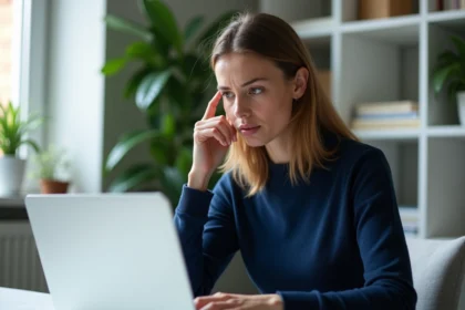 Femme au bureau regardant son ordinateur avec inquiétude