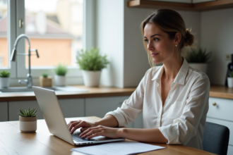 Femme d'âge moyen travaillant sur un ordinateur dans une cuisine moderne