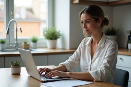 Femme d'âge moyen travaillant sur un ordinateur dans une cuisine moderne