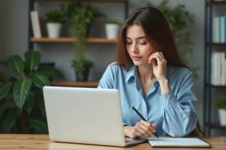 Jeune femme au bureau prenant des notes avec ordinateur
