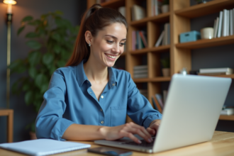 Jeune femme concentrée travaillant dans son bureau moderne