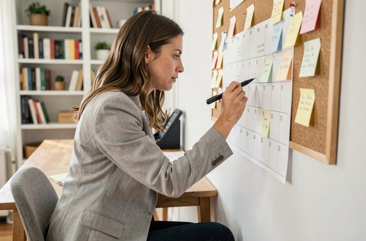 Femme organisant un calendrier papier avec les semaines paires 2026 dans un bureau à domicile