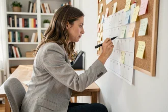 Femme organisant un calendrier papier avec les semaines paires 2026 dans un bureau à domicile