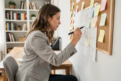 Femme organisant un calendrier papier avec les semaines paires 2026 dans un bureau à domicile