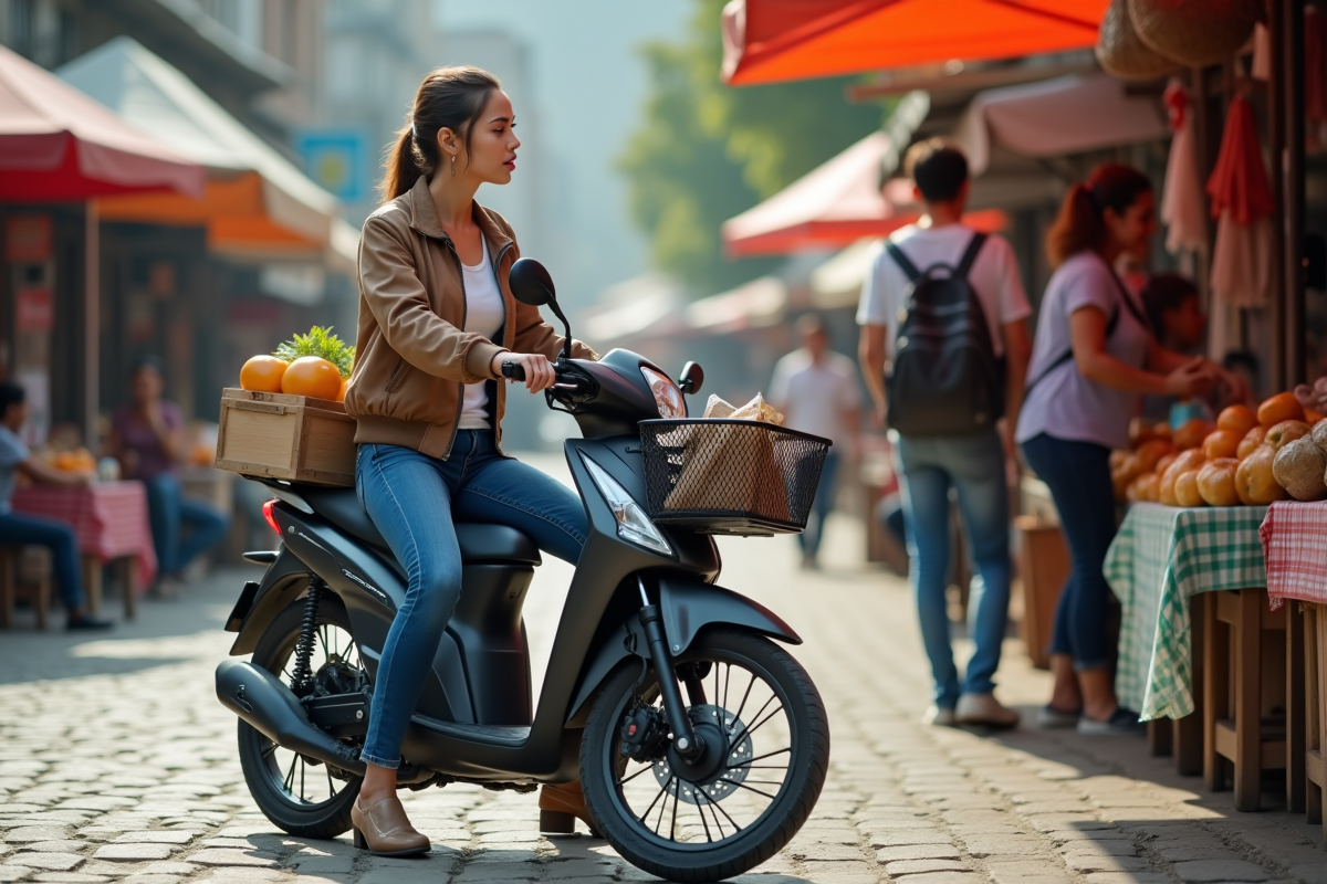 Jeune femme chargeant des courses sur moto 125 Dax au marché