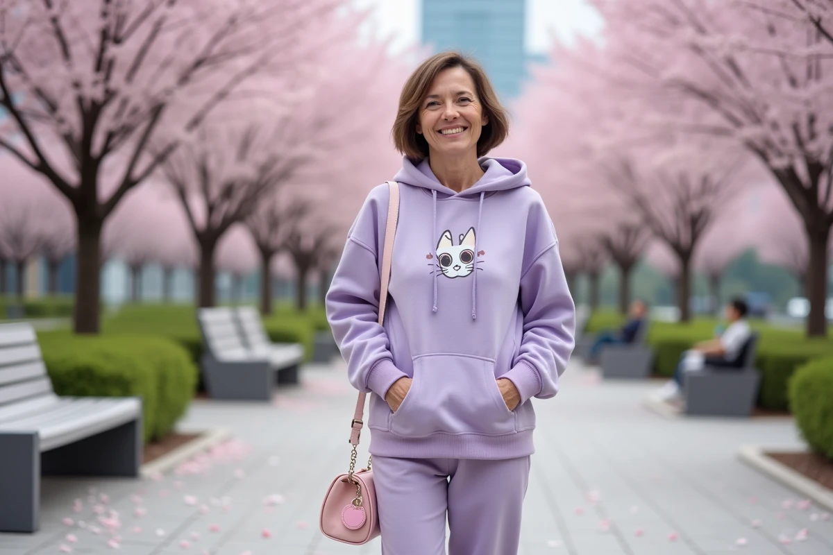 Femme confiante dans un parc urbain en fleurs de cerisier