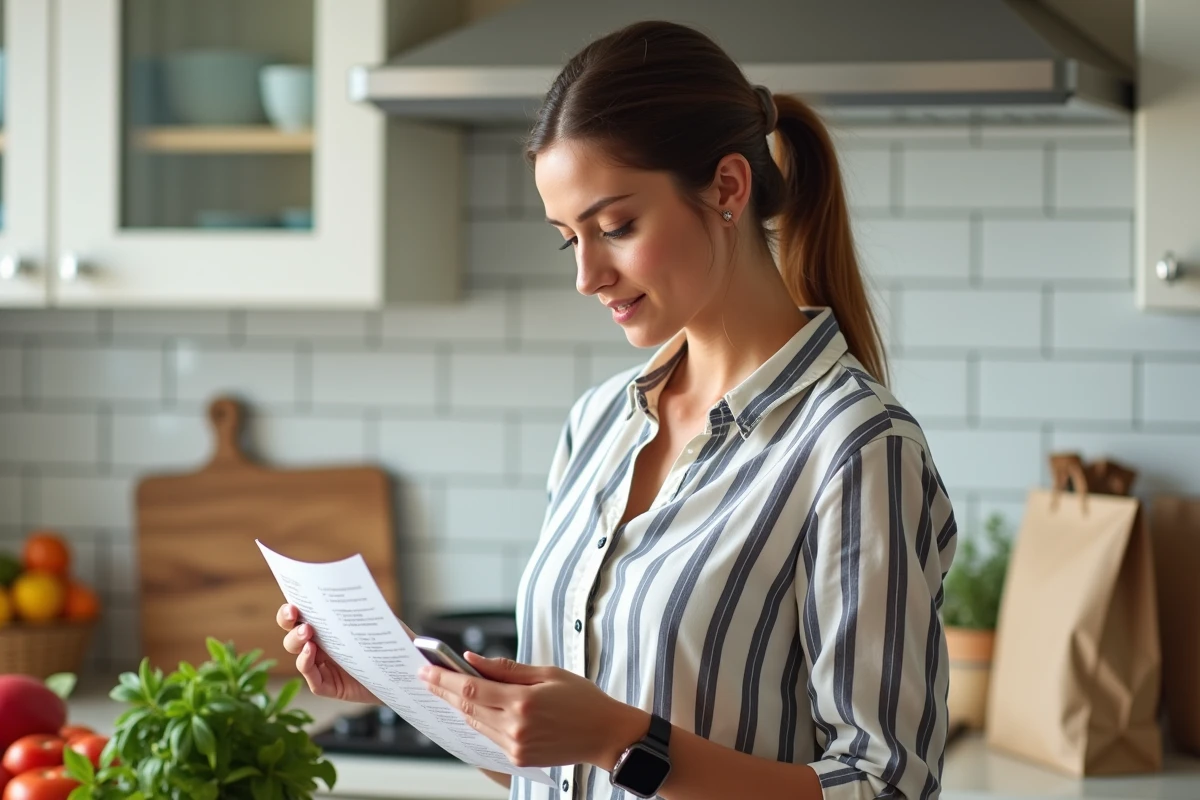 Femme organisant ses courses avec un code promo affiché sur smartphone après une commande en drive dans sa cuisine