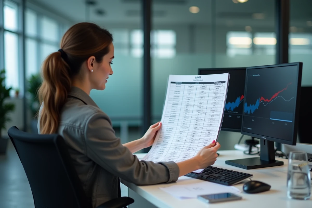 Femme compare un graphique avec deux écrans 4K au bureau