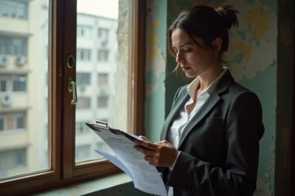 Femme d'affaires examinant un contrat de location dans un appartement ancien