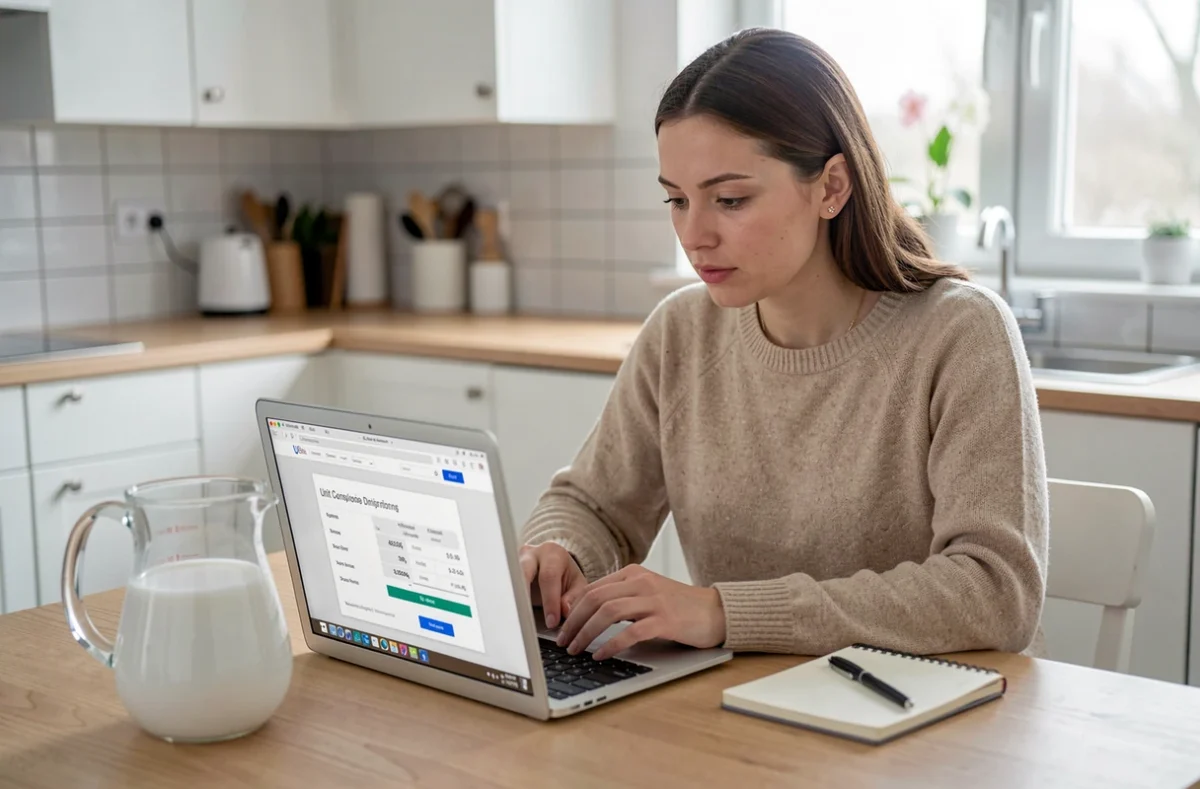 Femme consultant une page de conversion litres mètre cube sur son ordinateur portable dans une cuisine moderne avec carafe graduée