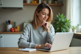 Femme consultant un site de drive supermarché sur ordinateur portable dans une cuisine moderne pour planifier ses grosses courses