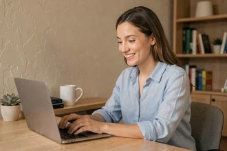 Jeune femme souriante écrivant un message de remerciement en espagnol sur son ordinateur portable dans un bureau à domicile chaleureux