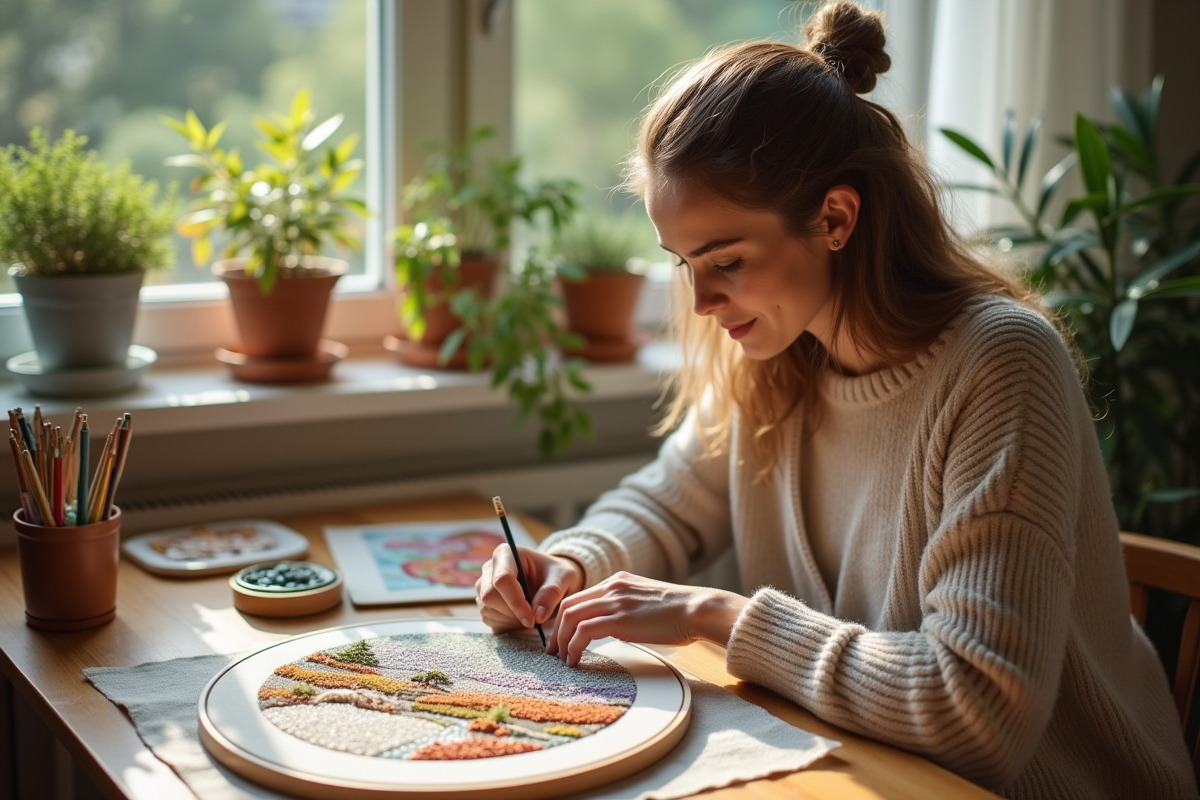 Femme concentrée sur une broderie de paysage avec diamants