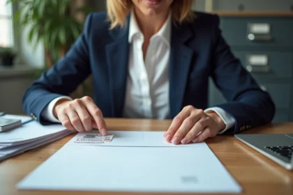 Femme en blazer navy appose un timbre sur une enveloppe