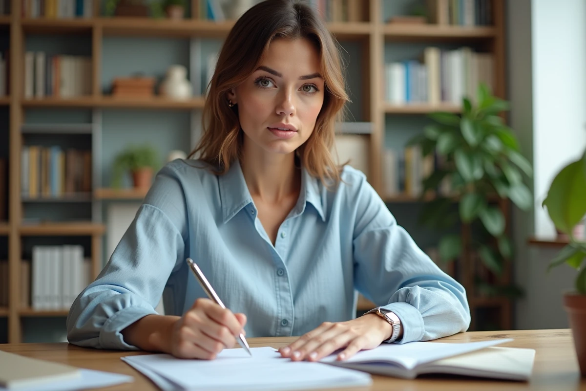 Femme remplissant un formulaire d'adresse postale à son bureau, cherchant le bon code postal de Toulouse