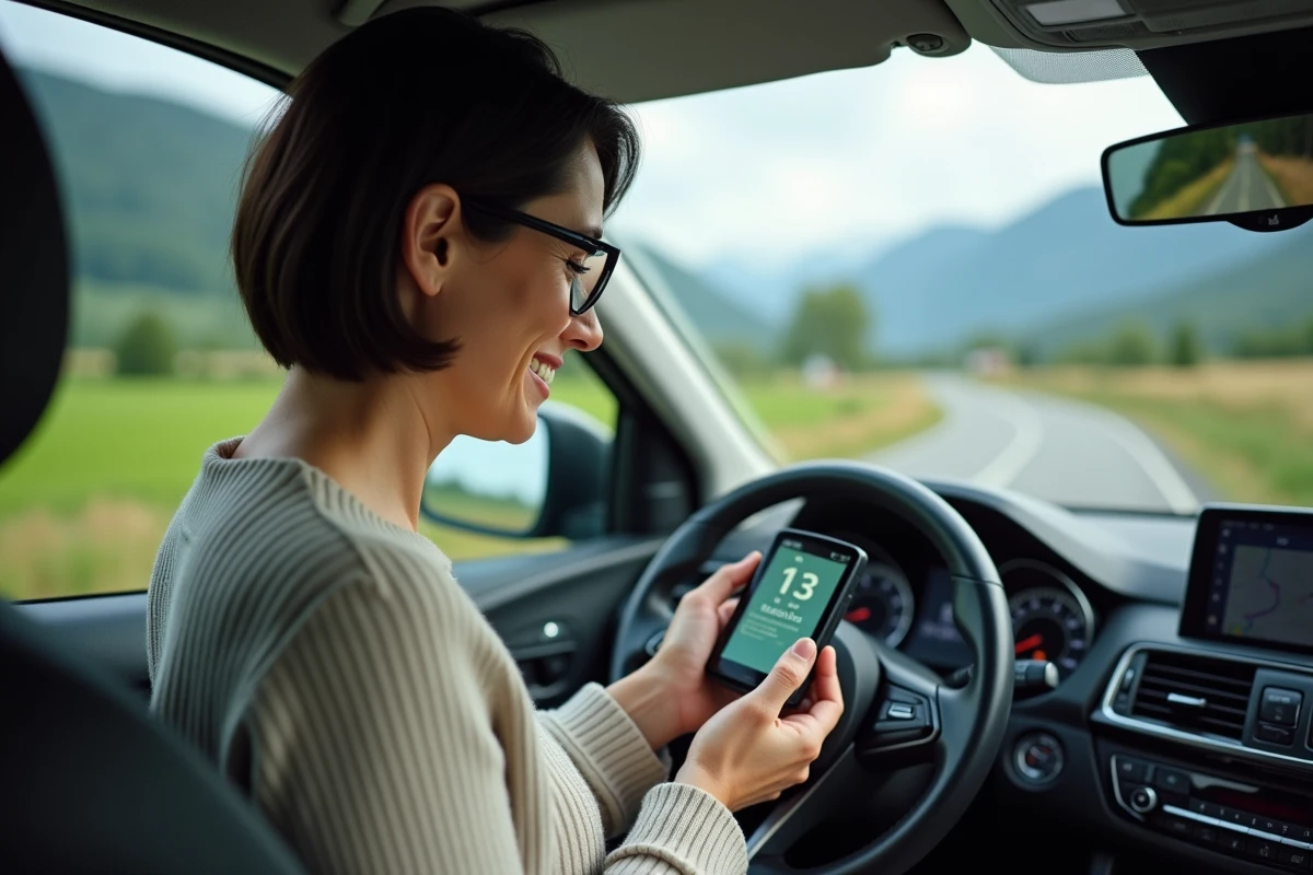 Femme ajustant GPS dans SUV en campagne verdoyante