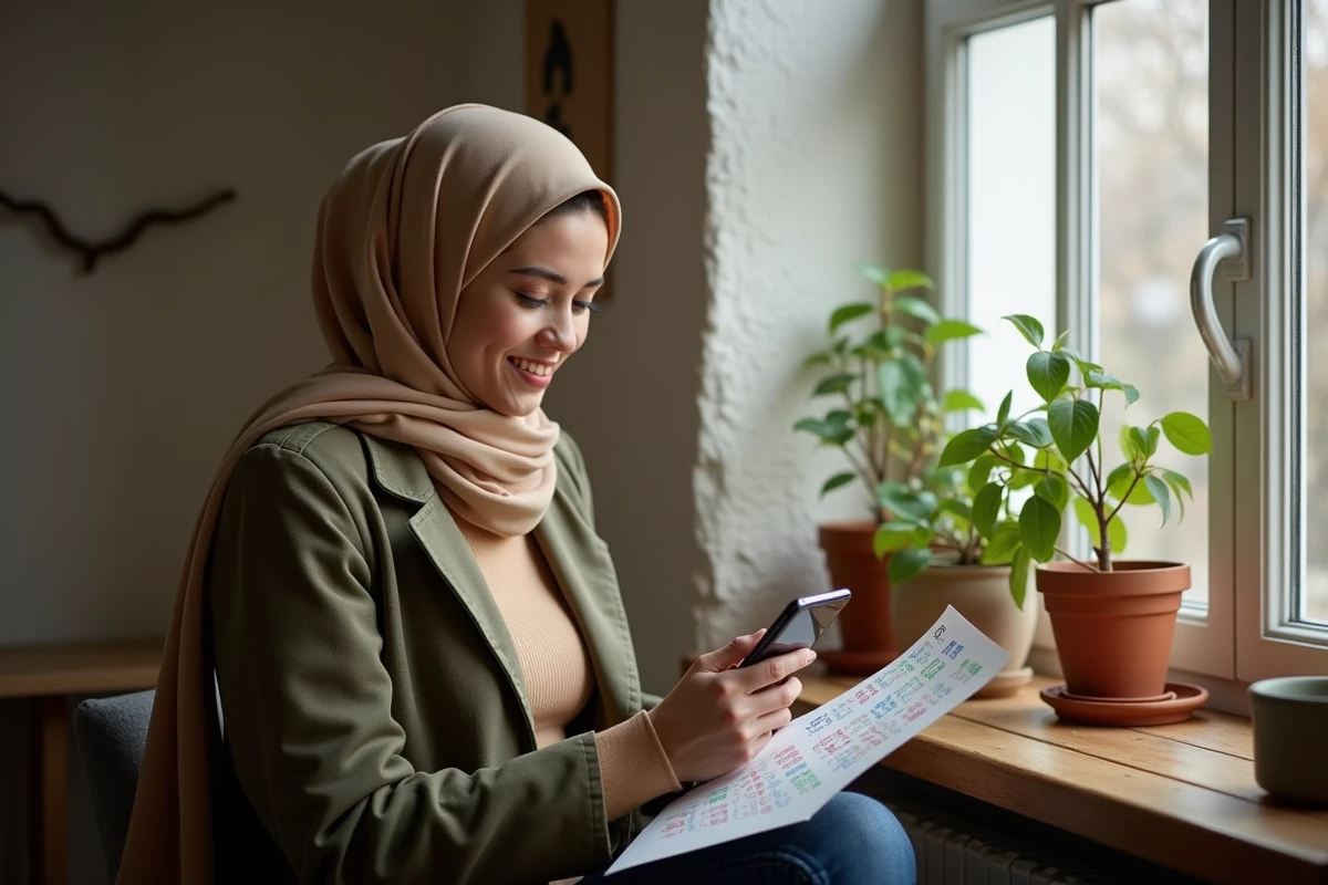 Jeune femme en hijab beige comparant prière papier et application