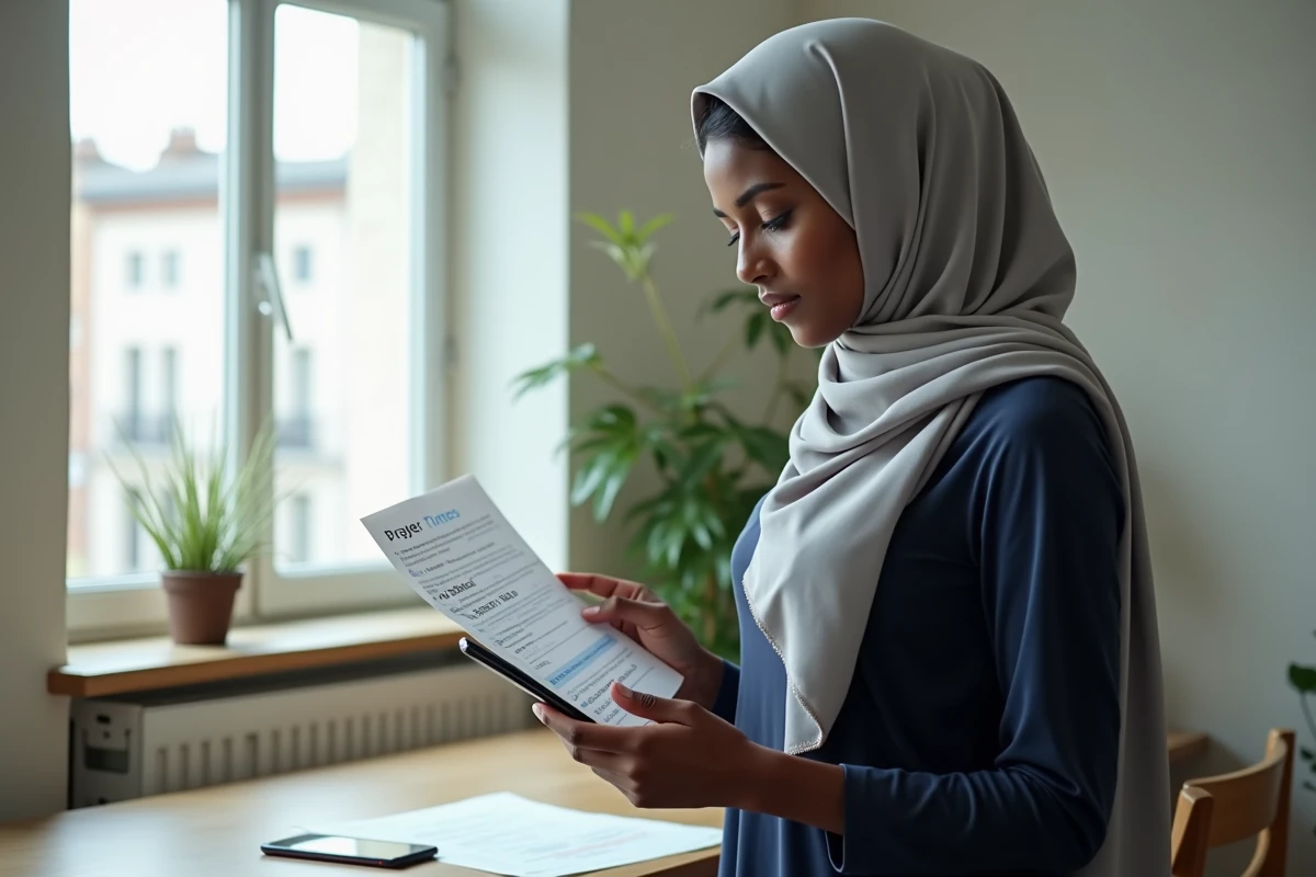 Femme consultant un horaire de prière imprimé et une application sur smartphone dans une cuisine lumineuse