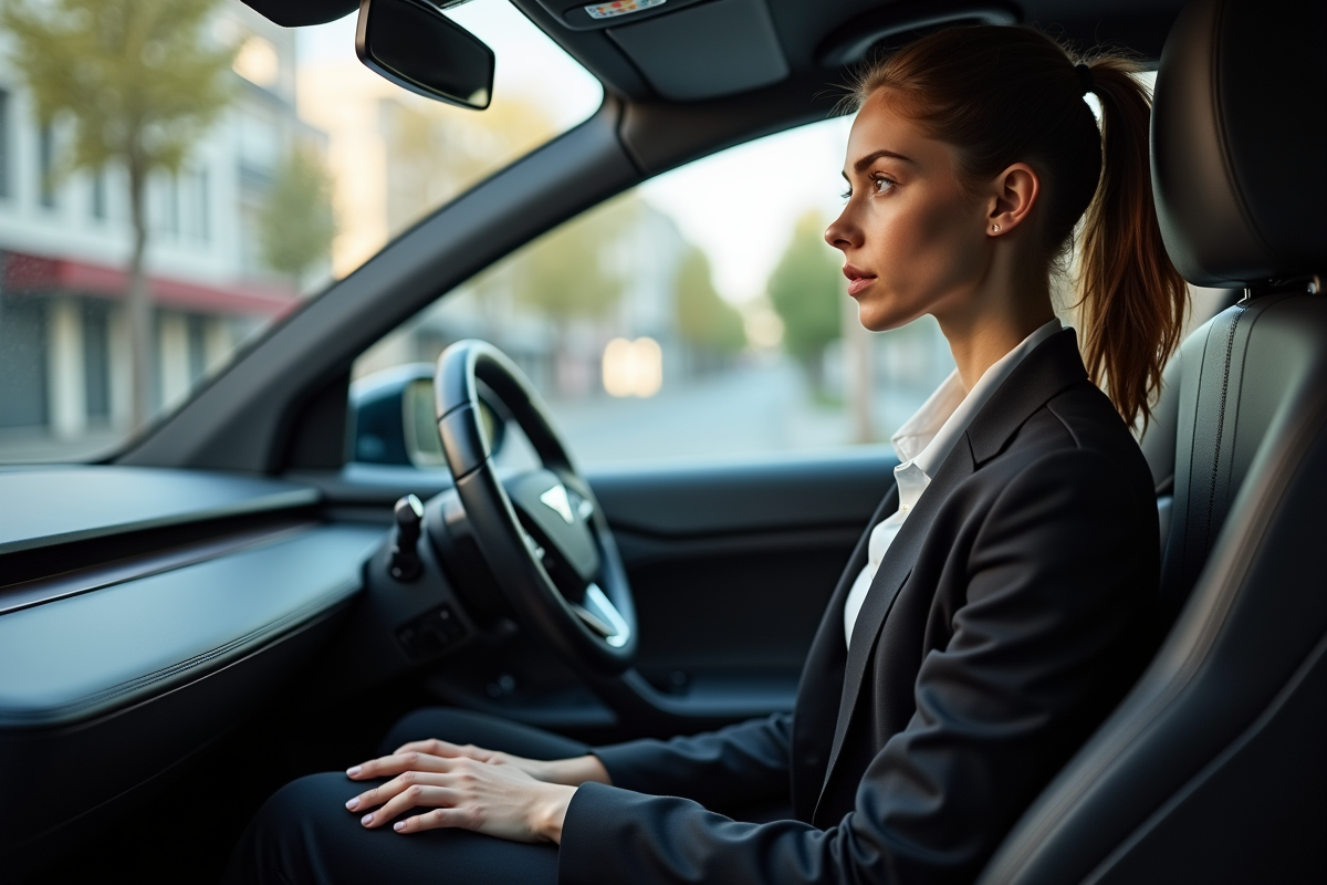 Jeune femme dans une voiture autonome regardant par la fenêtre