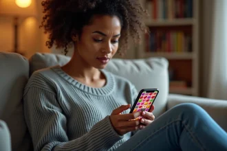 Femme jouant à un jeu de puzzle coloré sur smartphone dans un salon confortable
