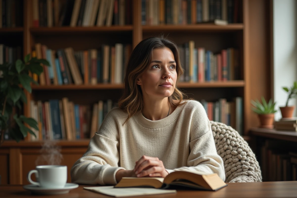 Femme adulte lisant un roman dans une bibliothèque intimiste, évoquant l'exploration littéraire sans jugement