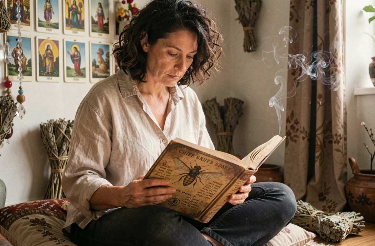 Femme lisant un livre sur la symbolique ésotérique de la mouche dans un appartement bohème