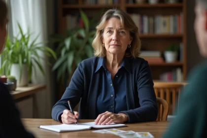 Femme méditative avec tarot et carnet dans un intérieur calme