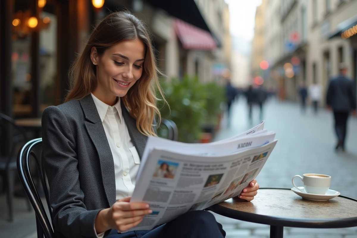 Jeune femme lisant un journal en terrasse de café