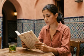 Jeune femme marocaine apprenant le français et la darija dans un café traditionnel de Marrakech avec un guide de traduction