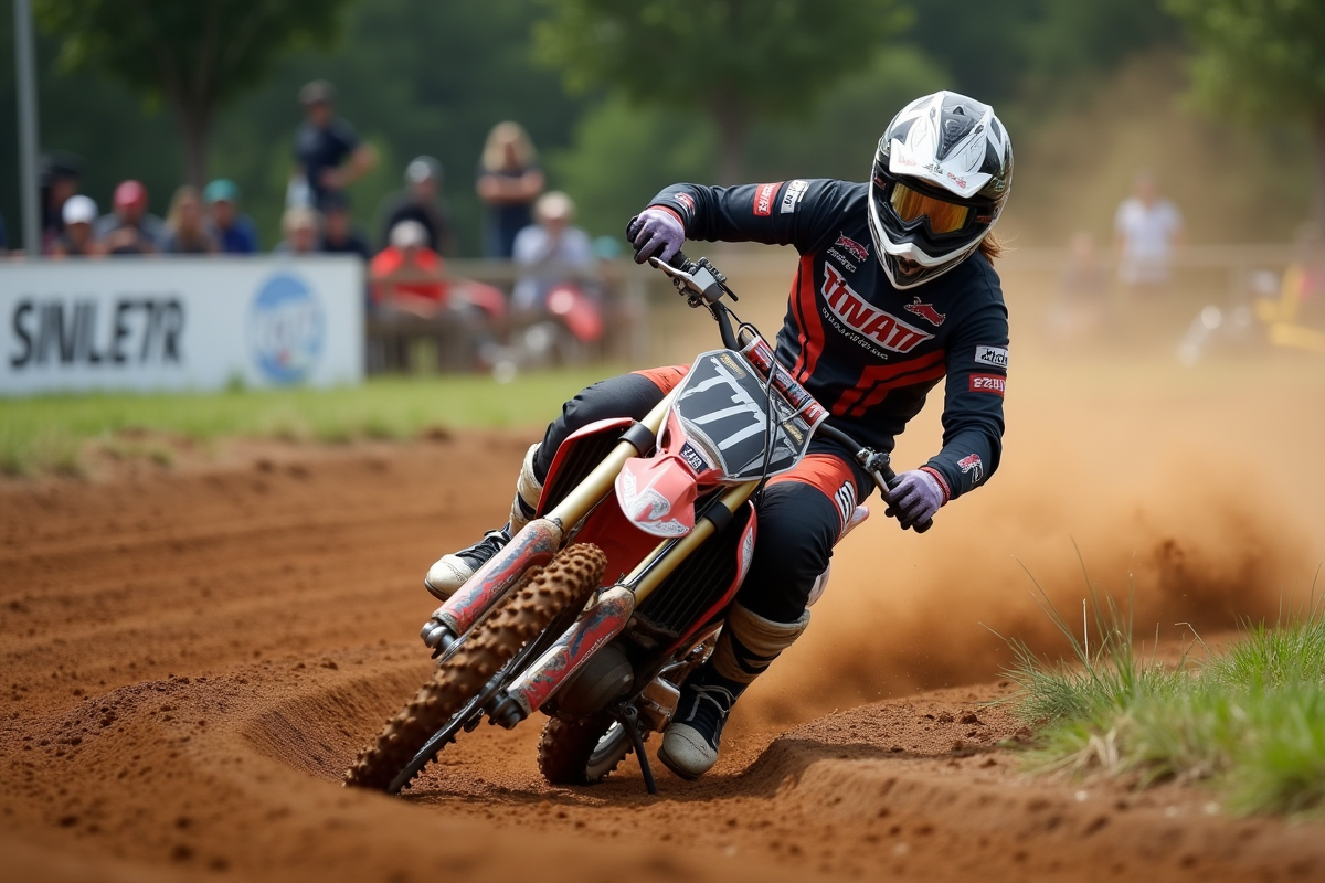 Femme en motocross en pleine action sur circuit poussiereux