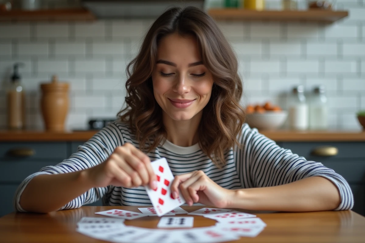 Jeune femme piochant une carte dans le jeu Palmier lors d'une soirée entre amis dans un appartement moderne