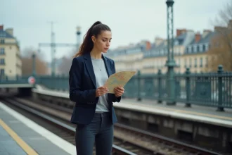 Femme consultant un plan du métro ligne 6 de Paris sur un quai surélevé avec vue sur les toits haussmanniens