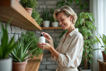 Femme d'âge moyen entretenant des plantes purifiantes d'intérieur