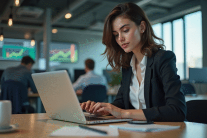 Jeune femme professionnelle concentrée sur son ordinateur au bureau