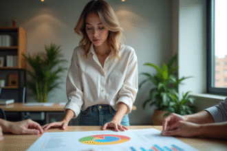 Femme en tenue professionnelle examine un diagramme de projet