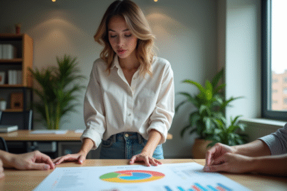 Femme en tenue professionnelle examine un diagramme de projet
