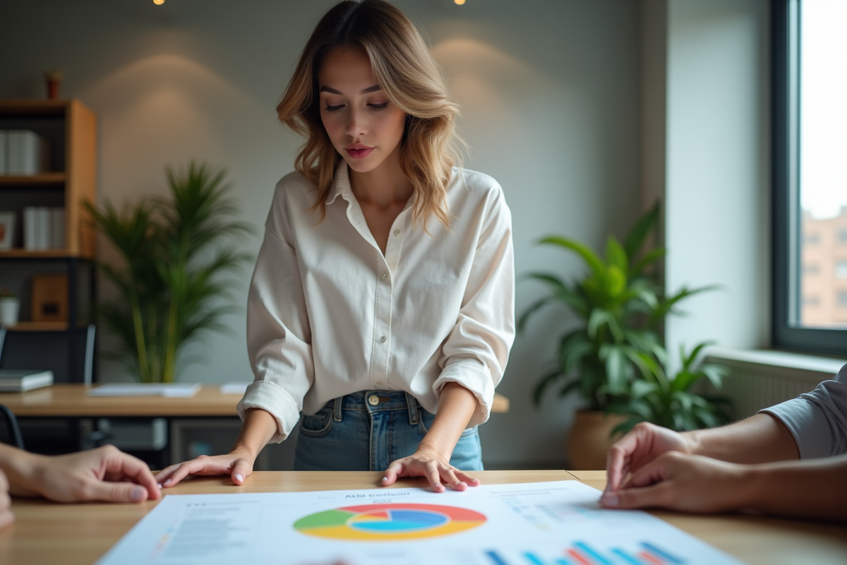 Femme en tenue professionnelle examine un diagramme de projet