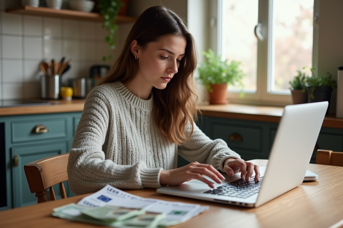 Jeune femme recherche argent sur son ordinateur dans la cuisine