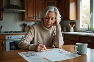 Femme d'âge moyen résolvant un mot puzzle dans la cuisine