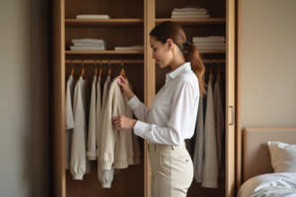 Femme choisissant un pull beige dans une garde-robe organisée
