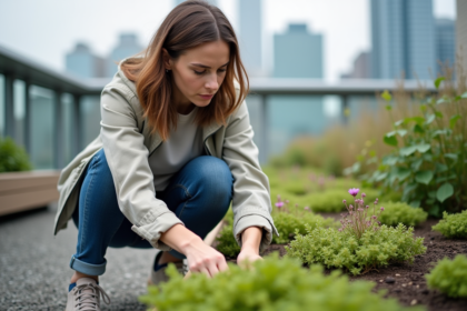 Femme en jeans sur toit vert avec sedums et fleurs