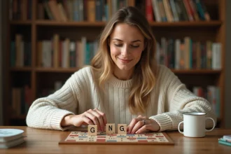 Femme jouant au Scrabble tenant une tuile avec la lettre G majuscule sur un plateau de jeu de lettres en bois