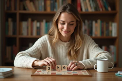 Femme jouant au Scrabble tenant une tuile avec la lettre G majuscule sur un plateau de jeu de lettres en bois