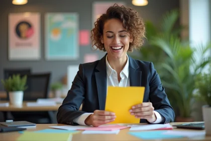 Femme souriante ouvrant un cadeau d anniversaire au bureau