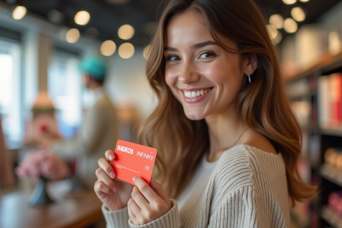 Jeune femme souriante avec une carte cadeau Kadeos Infini