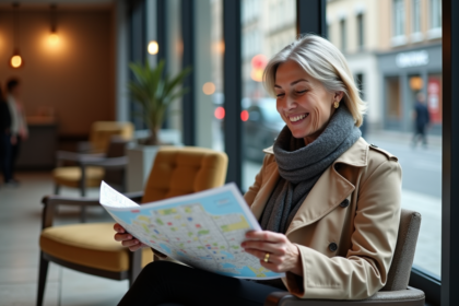 Femme souriante dans un hôtel de Lille avec carte