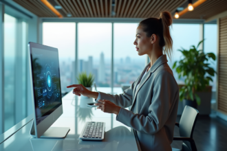 Femme confiante en techwear regardant un hologramme dans un bureau moderne